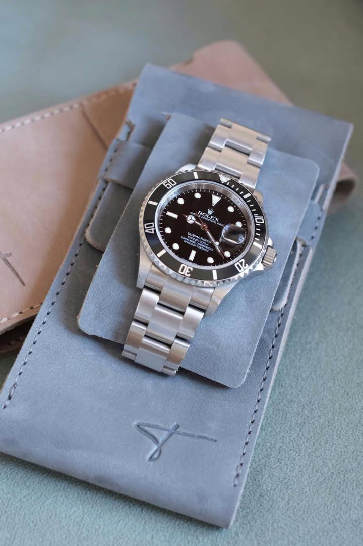 Premium Leather Watch Pouch- Gray suede leather