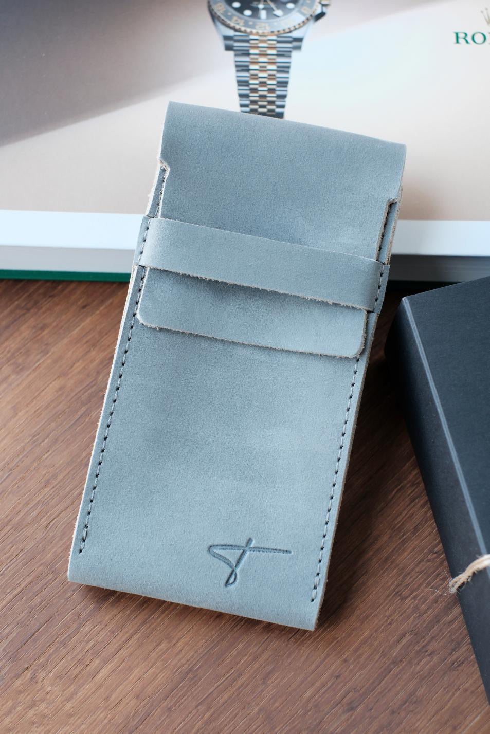 Premium Leather Watch Pouch- Gray suede leather
