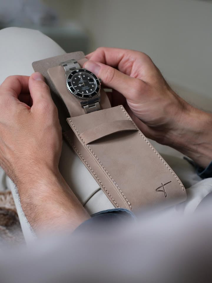 Premium Leather Watch Pouch- beige suede