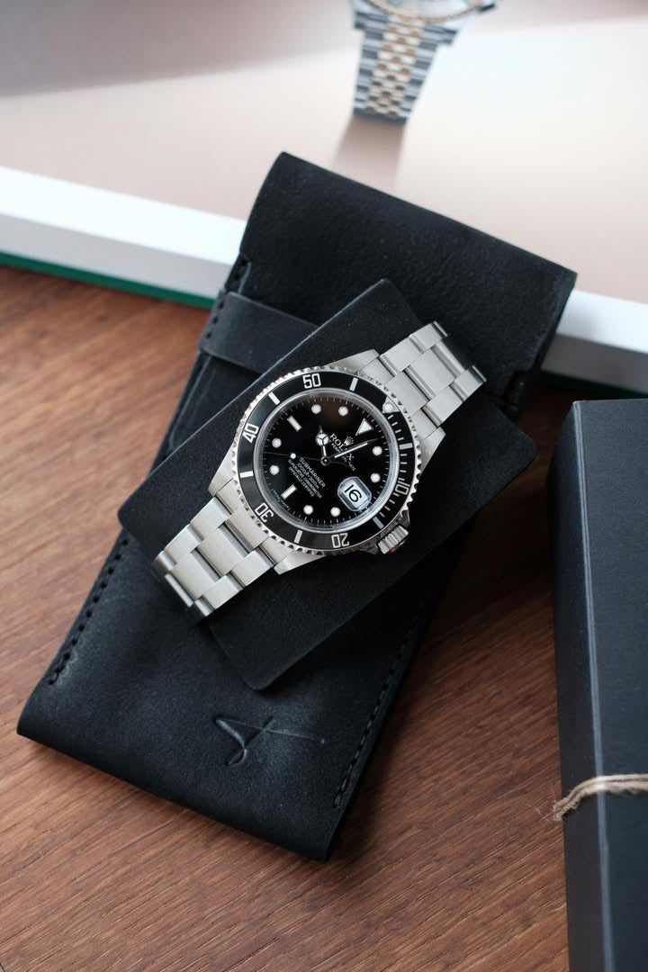 Premium Leather Watch Pouch- black suede leather