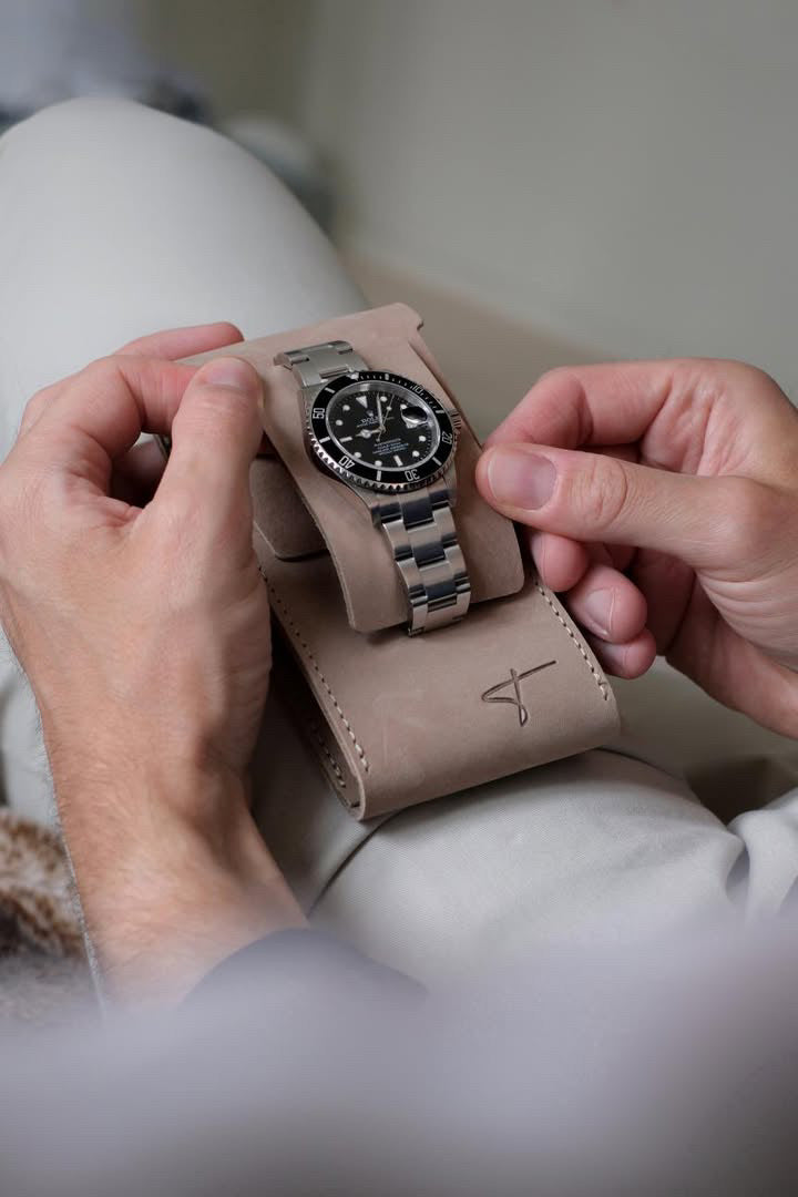 Premium Leather Watch Pouch- beige suede