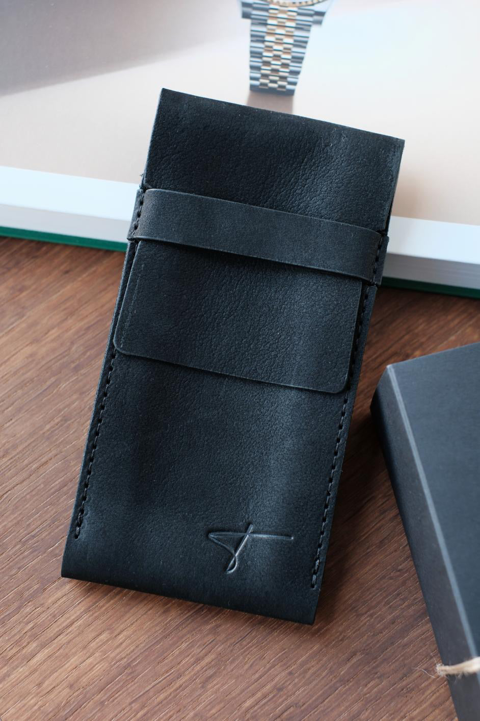 Premium Leather Watch Pouch- black suede leather